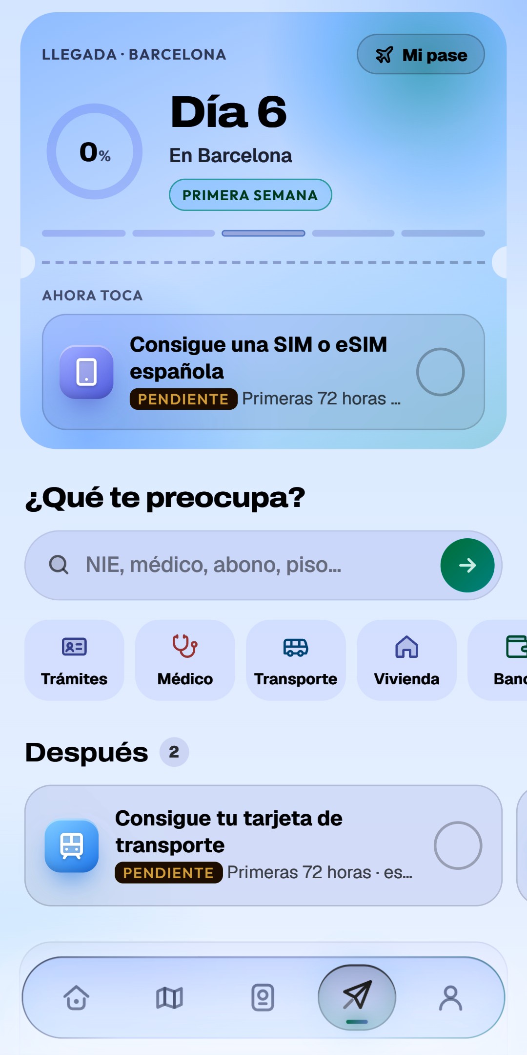 Pantalla de Llegada de newope con el plan de los primeros días